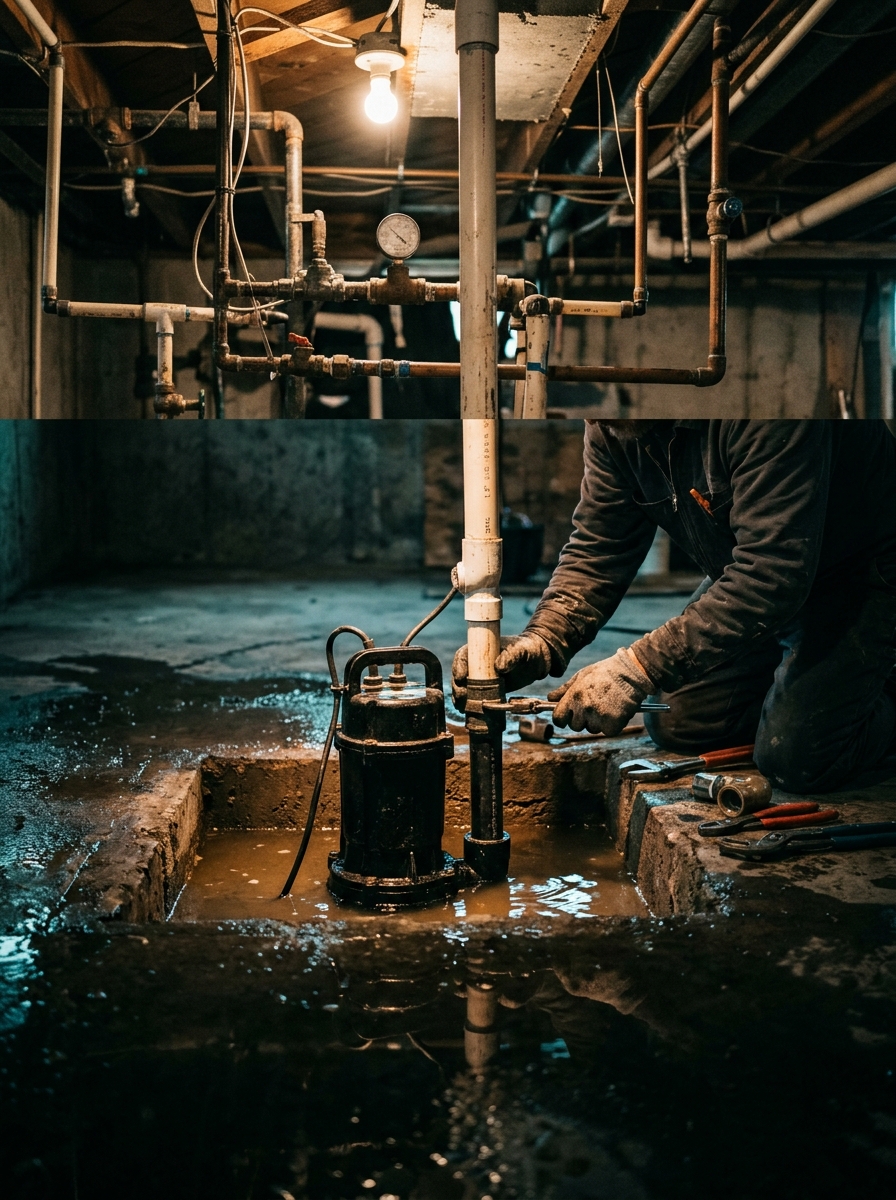 Sump Pump — Install, replace, or service your sump pump. Battery backups available — because basements flood when the power goes out.